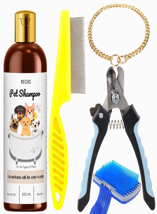 REGIIS Pet Grooming Kit, Dog Shampoo 200ml with Flea Comb, Nail Clipper, Self-Cleaning Brush, All-in-One Wash for Dogs and Cats(5 Pack) - Image 1